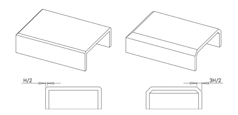 Injection molded corner chamfer designs — comparison: shallow chamfer under 0.5× wall thickness for basic edge relief (left) vs larger chamfer applied before shelling for improved stiffness and heat transfer (right)