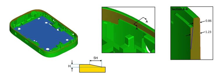 Injection molding rib and boss design rules showing 40-60% wall thickness ratio to prevent sink marks and voids