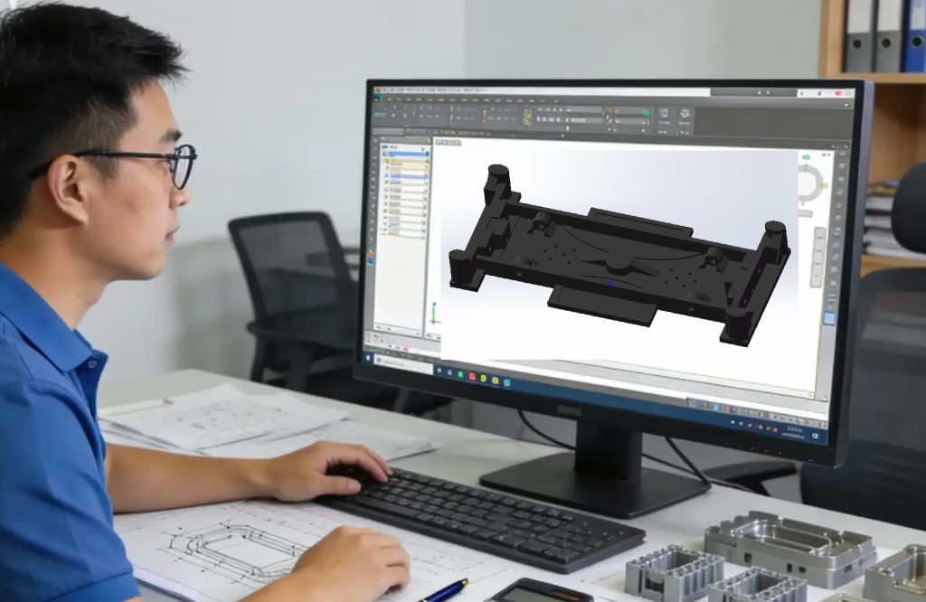 Engineer reviewing 3D CAD model on screen